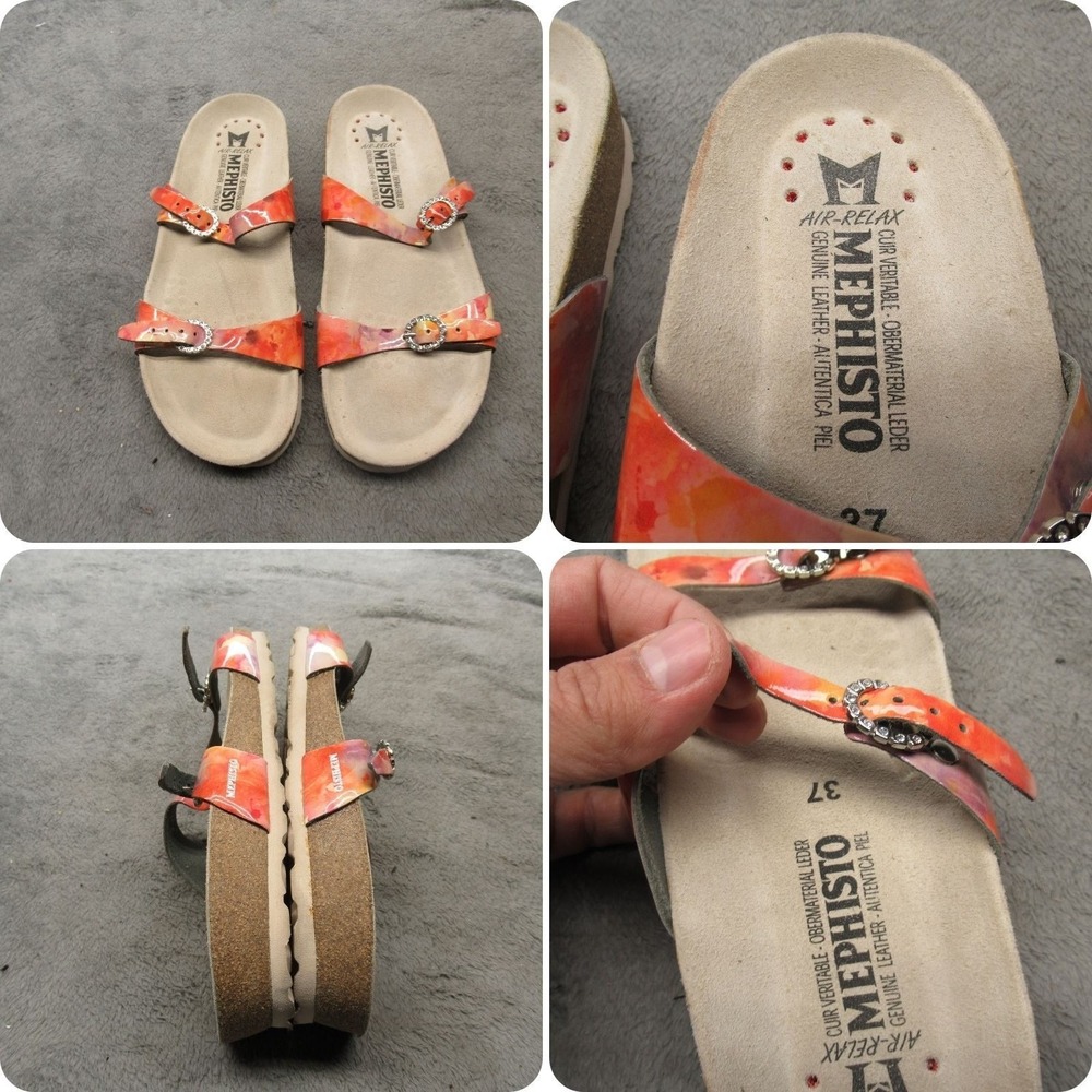 Mephisto Women Sandals 7 EU37 Orange Air Relax Double Strap Buckle Slides Norie